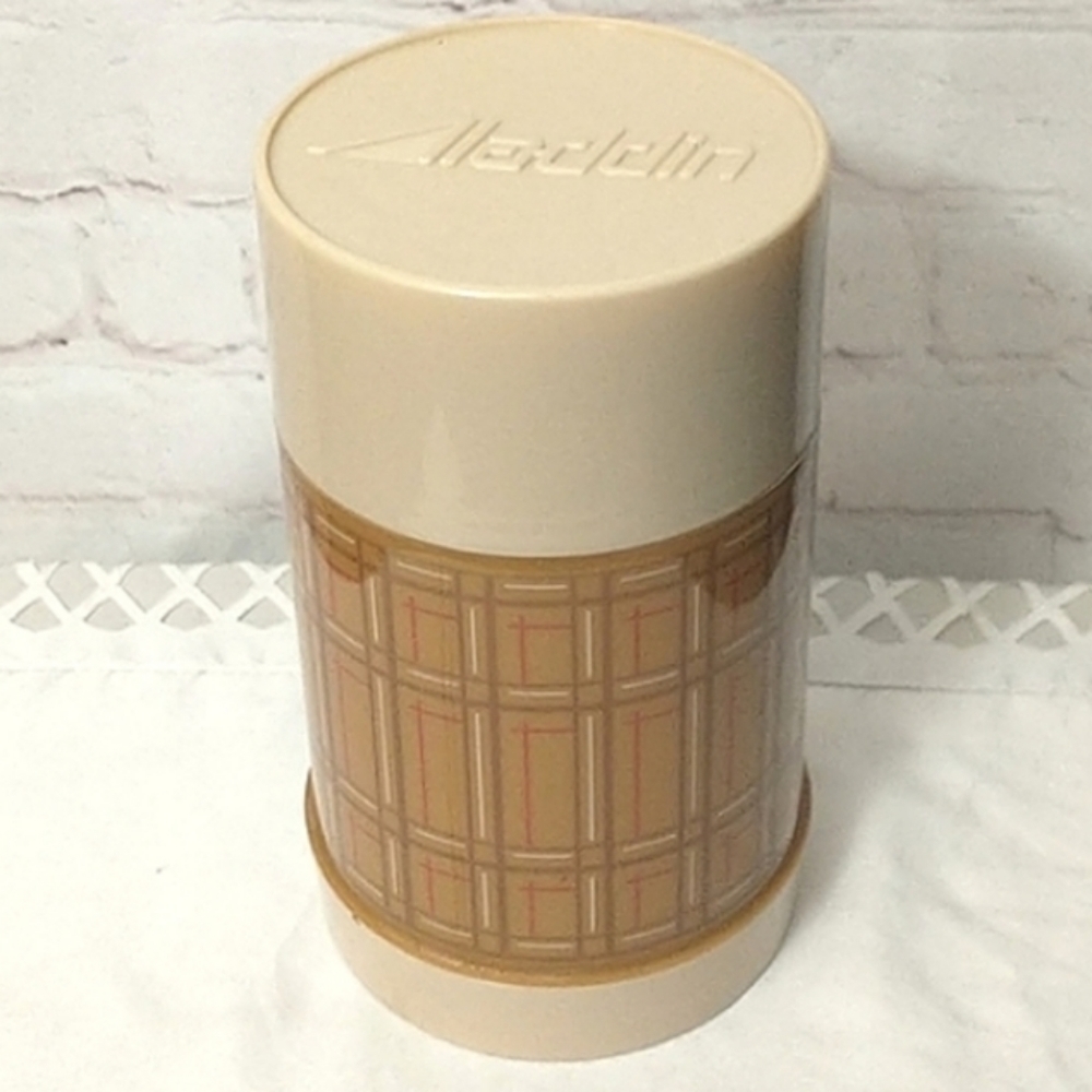 𝅺vintage Aladdin 70s brown plaid  thermos Vacuum Bottle